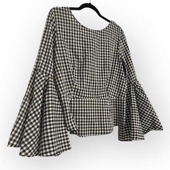 (SOLD) NANETTE LEPORE Gingham Bell-Sleeve Top, Large, Black/White - Picture 5 of 13